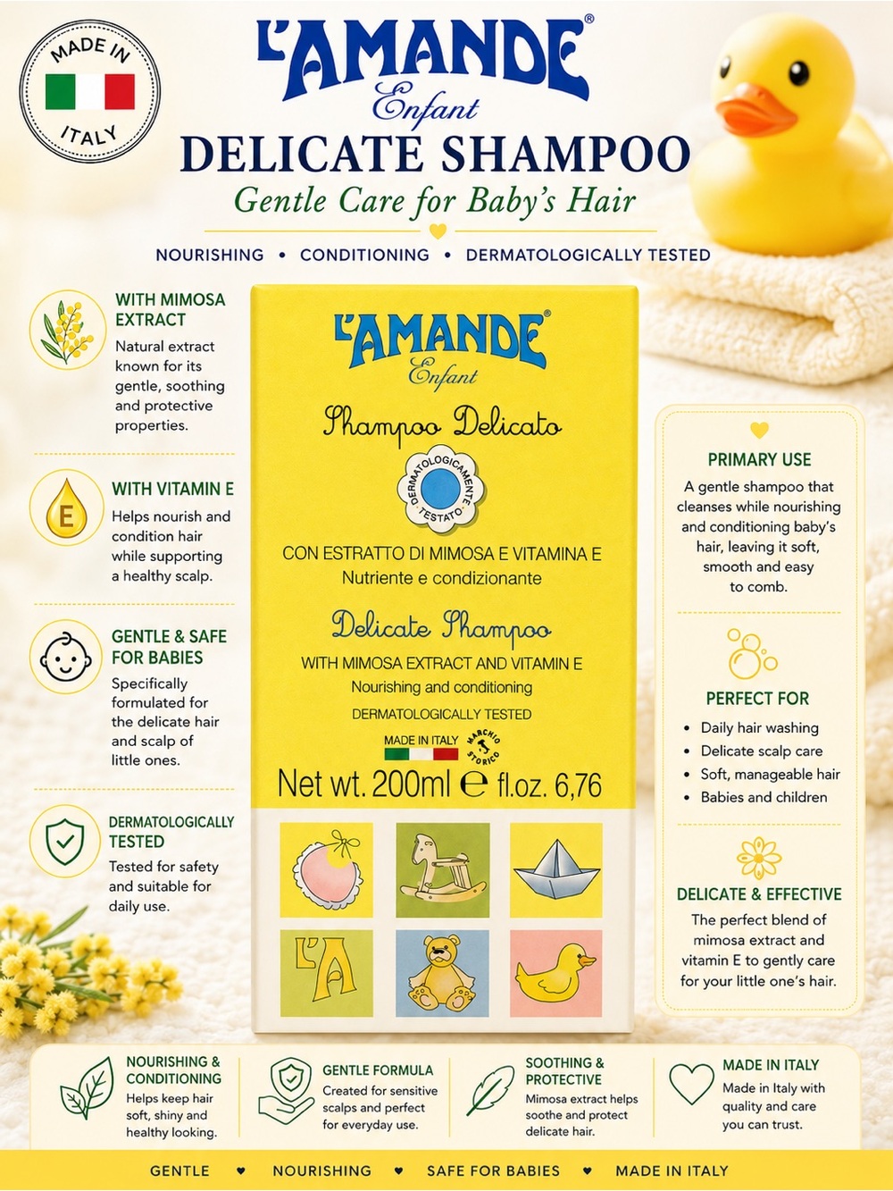 L’AMANDE Enfant Delicate Shampoo 200ml Mimosa Extract & Vitamin E Baby Shampoo